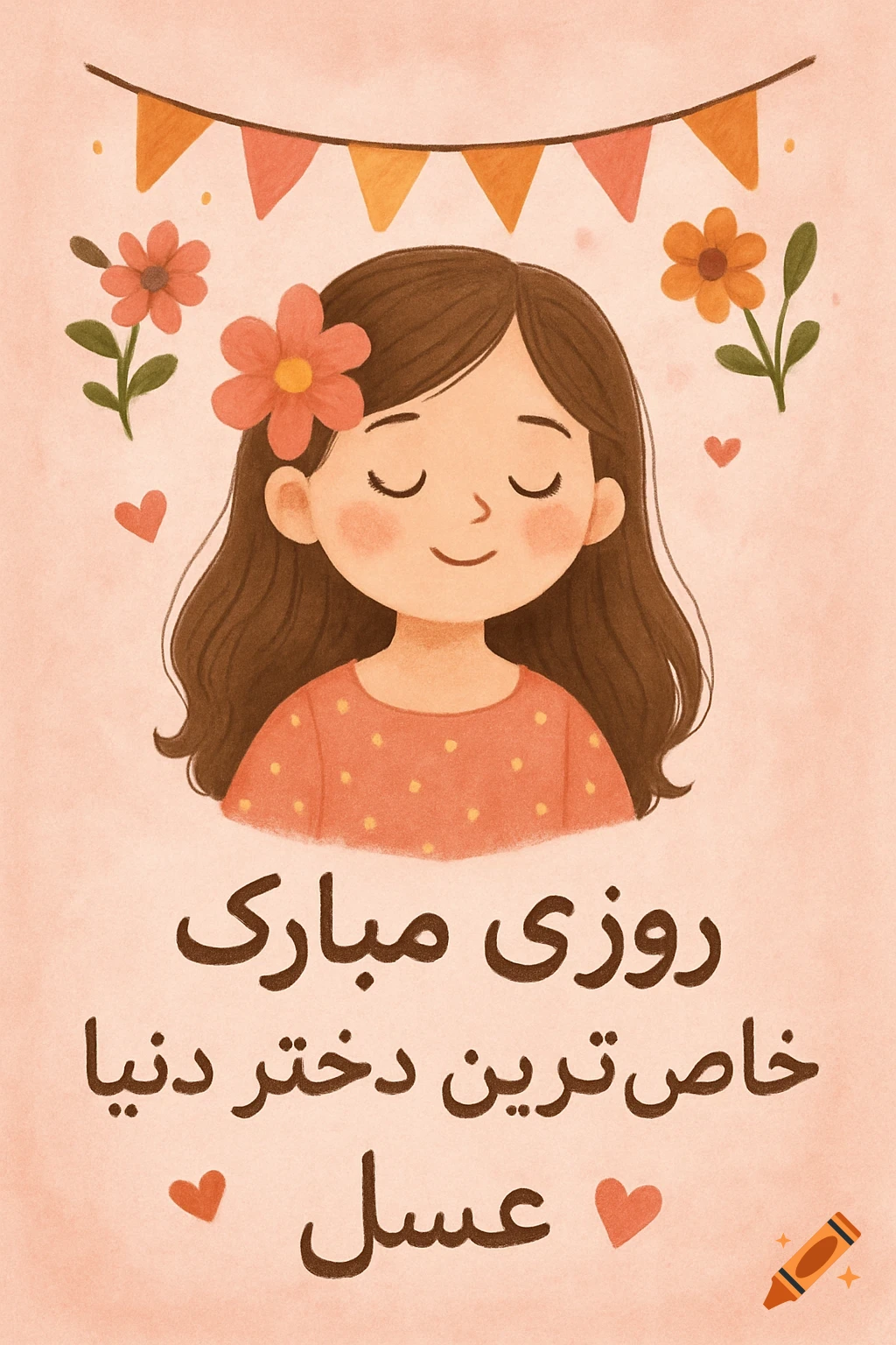 Illustration of a smiling girl with flowers and bunting above Persian text.