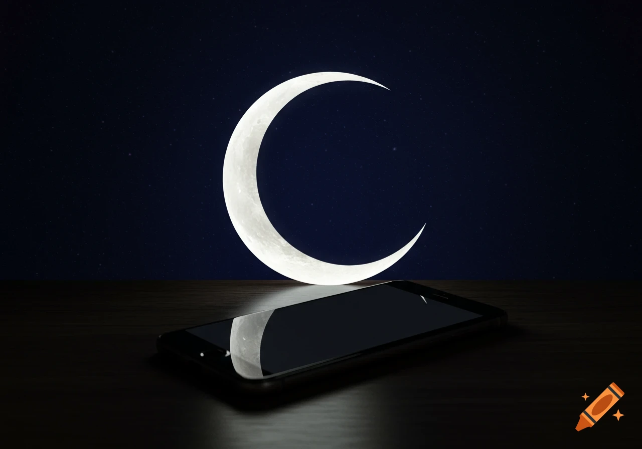 A crescent moon behind a black smartphone on a dark surface.
