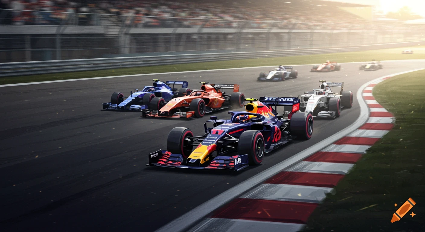 Several race cars are driving on a track during a race.