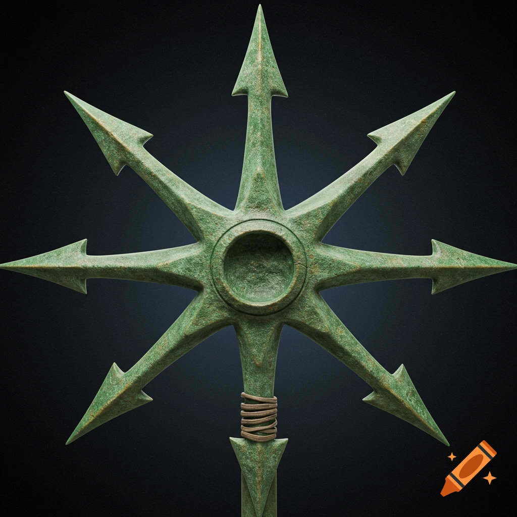 A faded jade colored object with eight arrow-like points radiating from a central circle, with a rope wrapping near the bottom.