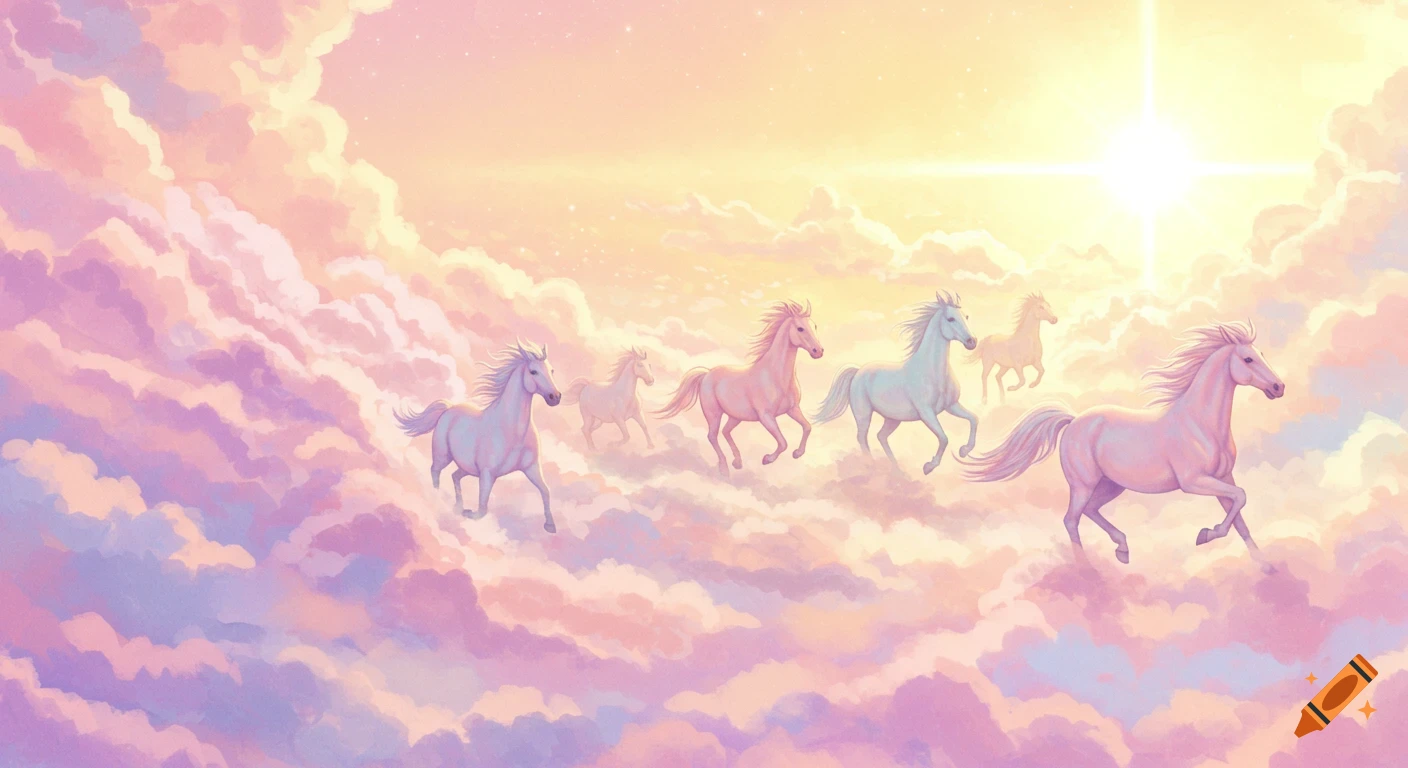 Pastel watercolor art of horses galloping through clouds towards a bright sun.