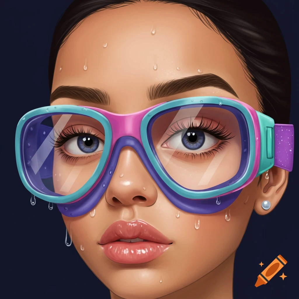 Close-up portrait of a woman wearing swimming goggles with water droplets.
