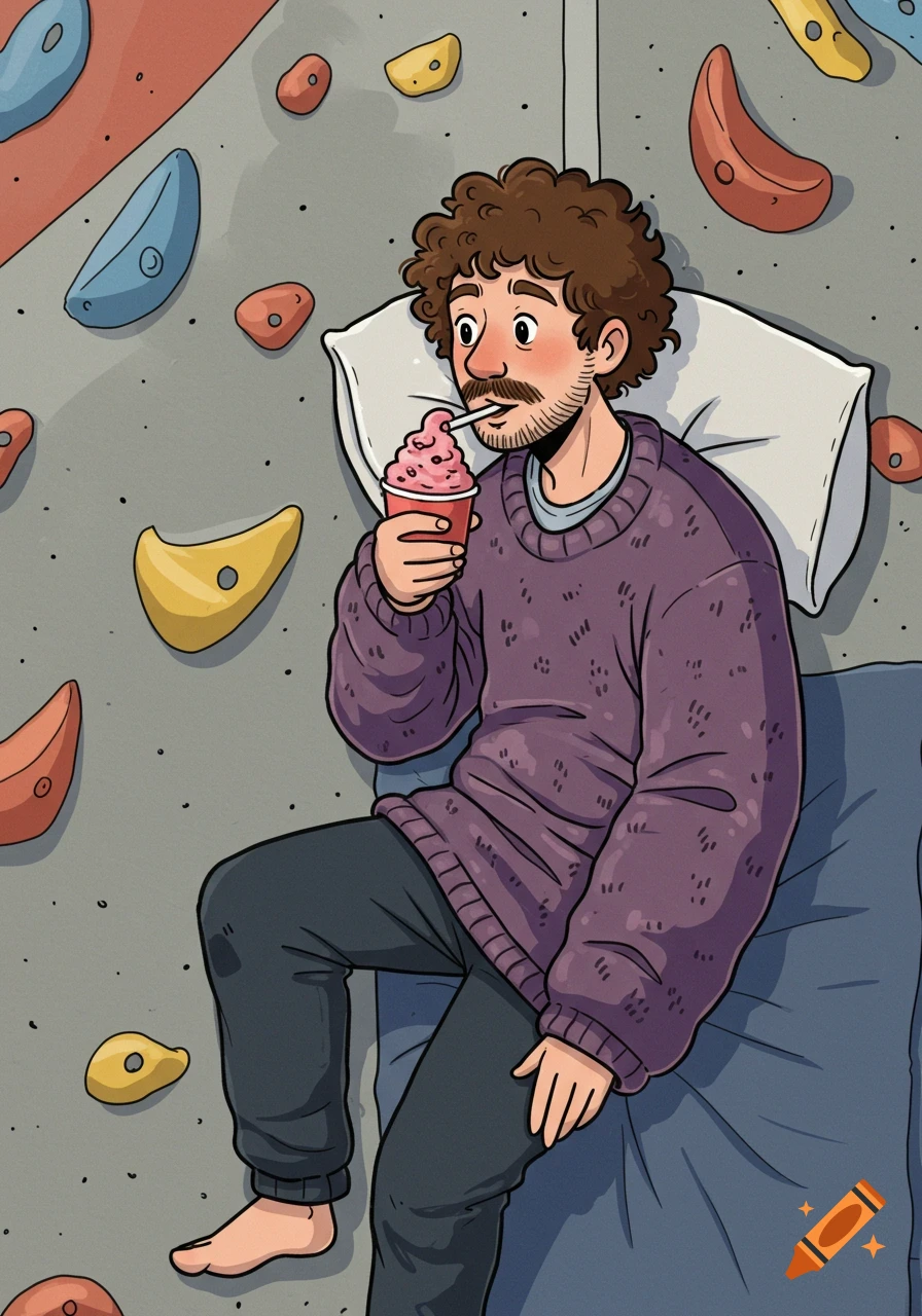 Cartoon illustration of a man with curly hair and mustache relaxing on a rock climbing wall with frozen yogurt.