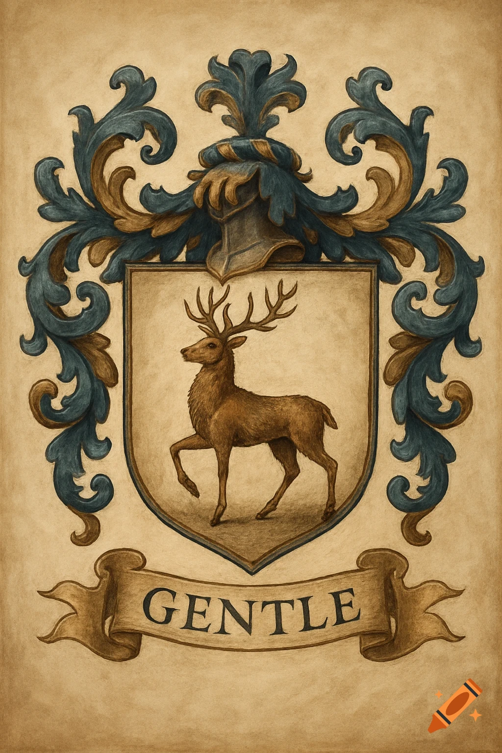 A family crest featuring a stag and the word Gentle on a banner.
