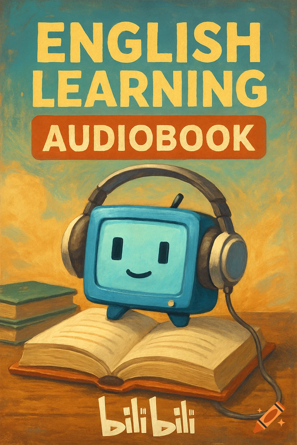 Painterly illustration of a monitor character with headphones sitting on an open book, text reads 'English Learning Audiobook'.