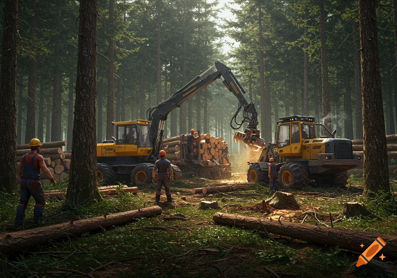 Two yellow logging excavators and workers loading logs in a forest.