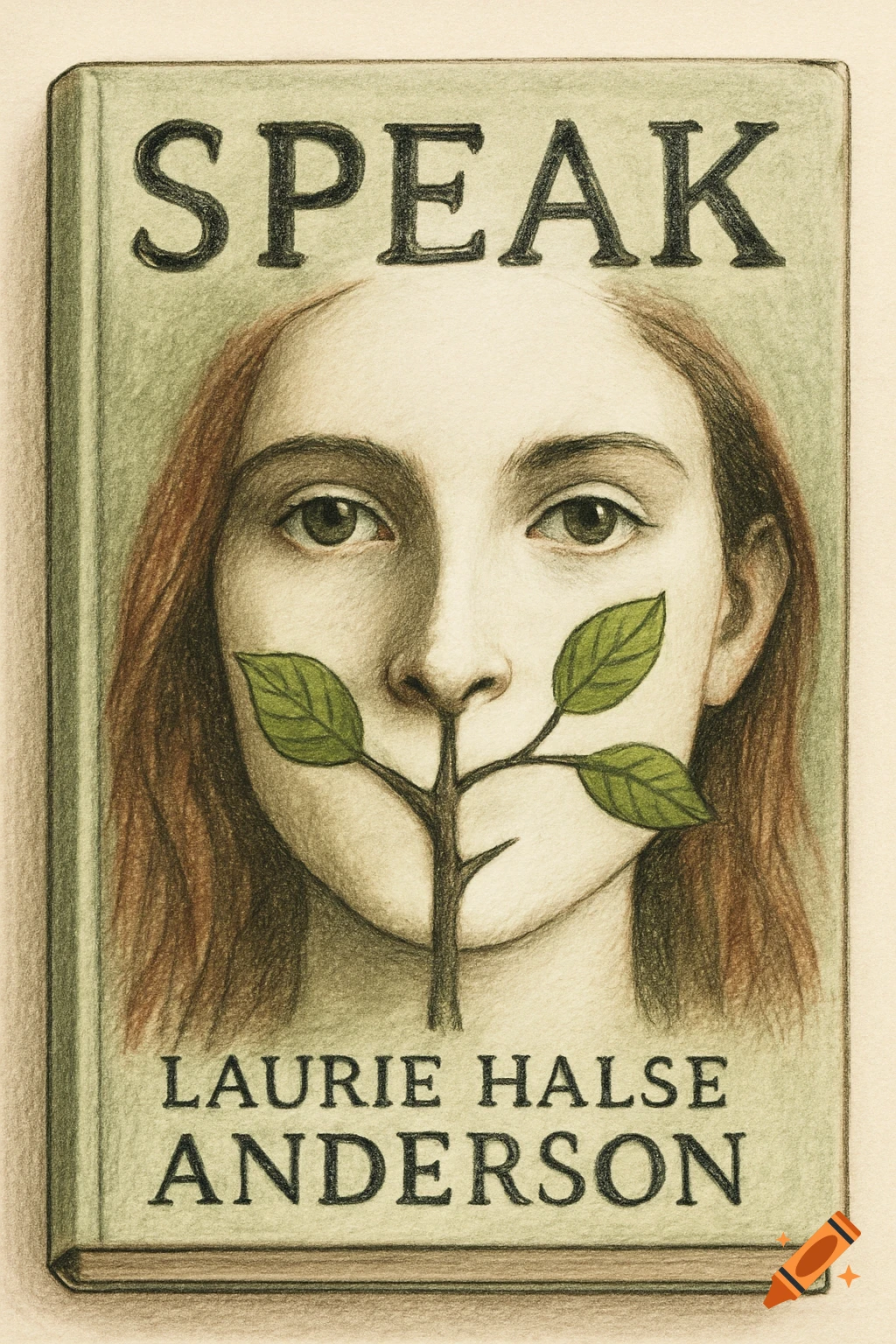 Hand-drawn illustration of a book cover for 'SPEAK' with a woman's face and a branch over her mouth.