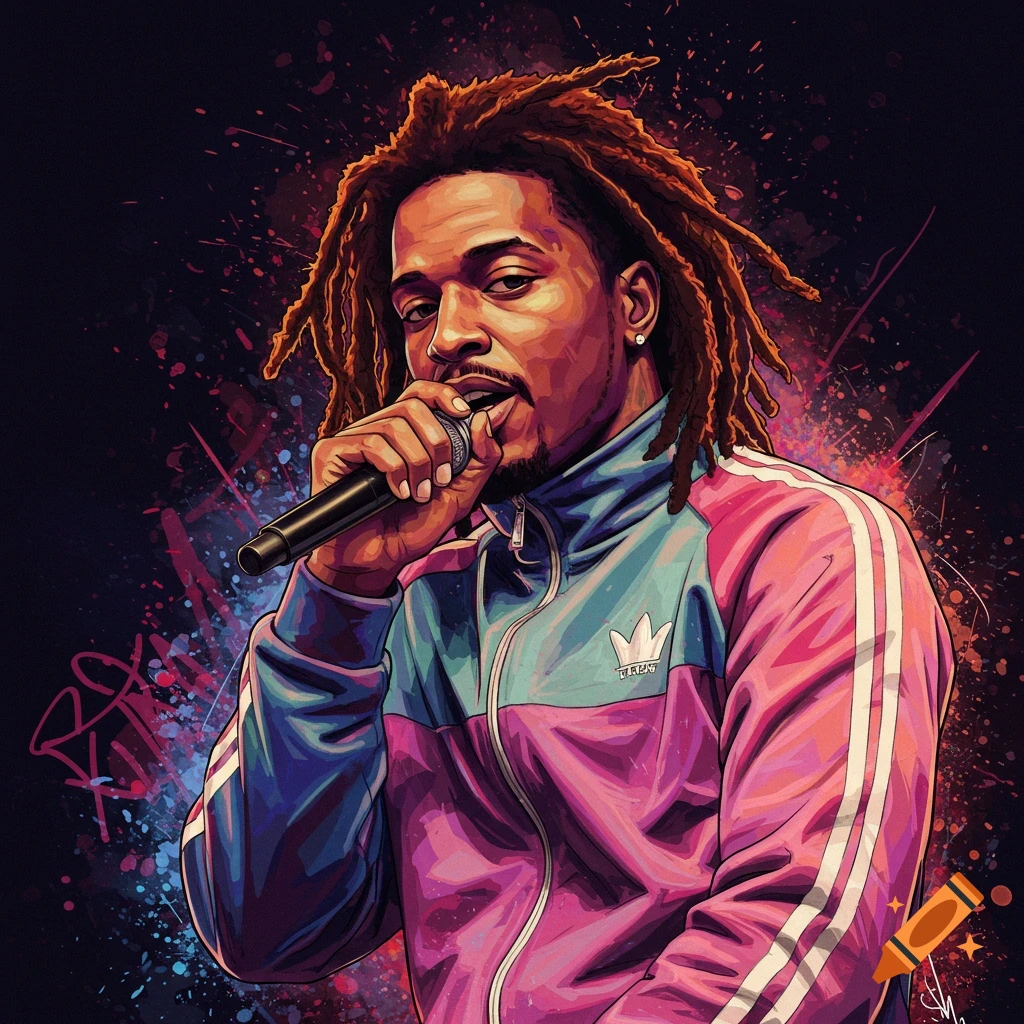 Illustration of a person with dreadlocks holding a microphone and singing, in a colorful street art style.