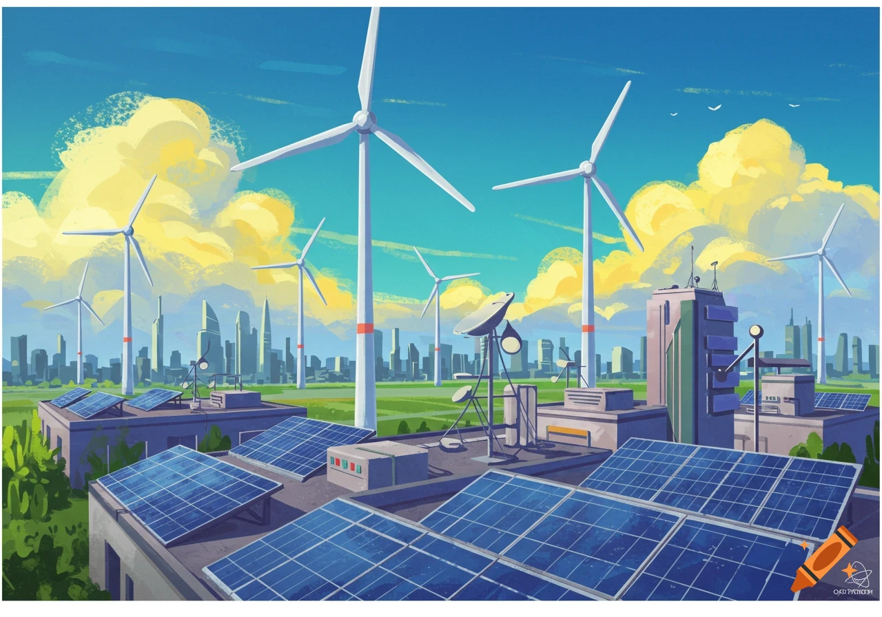 Wind turbines and solar panels on rooftops with a city skyline.