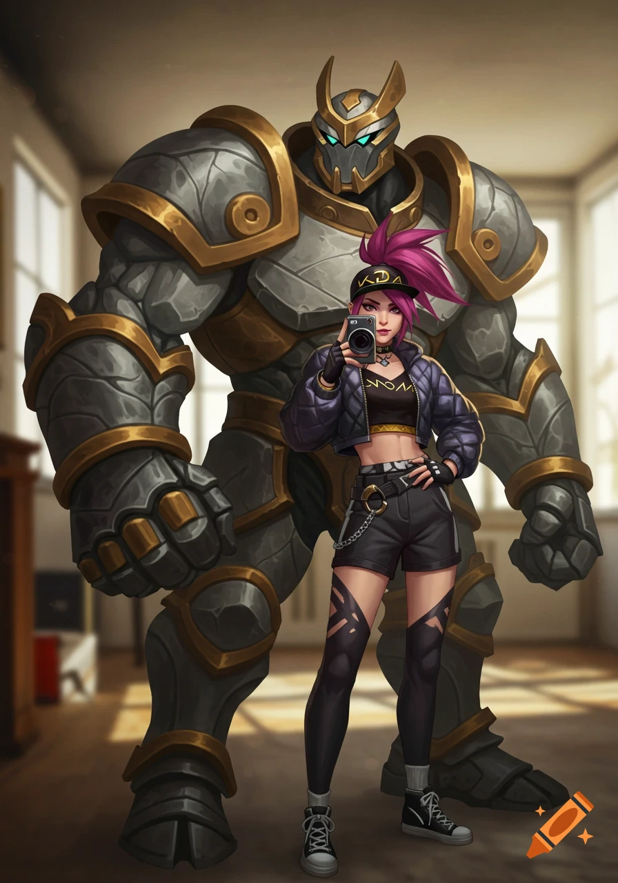 KDA Akali takes a selfie with classic skin Galio in a room.