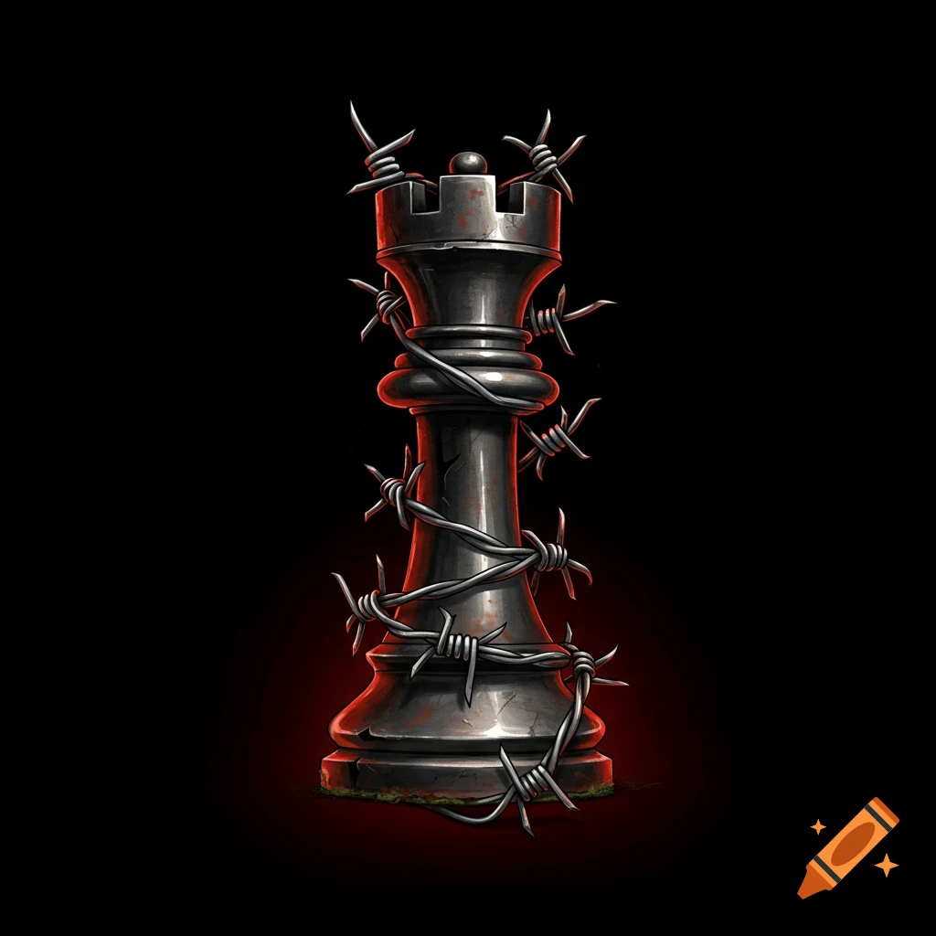 A black chess rook entwined with barbed wire