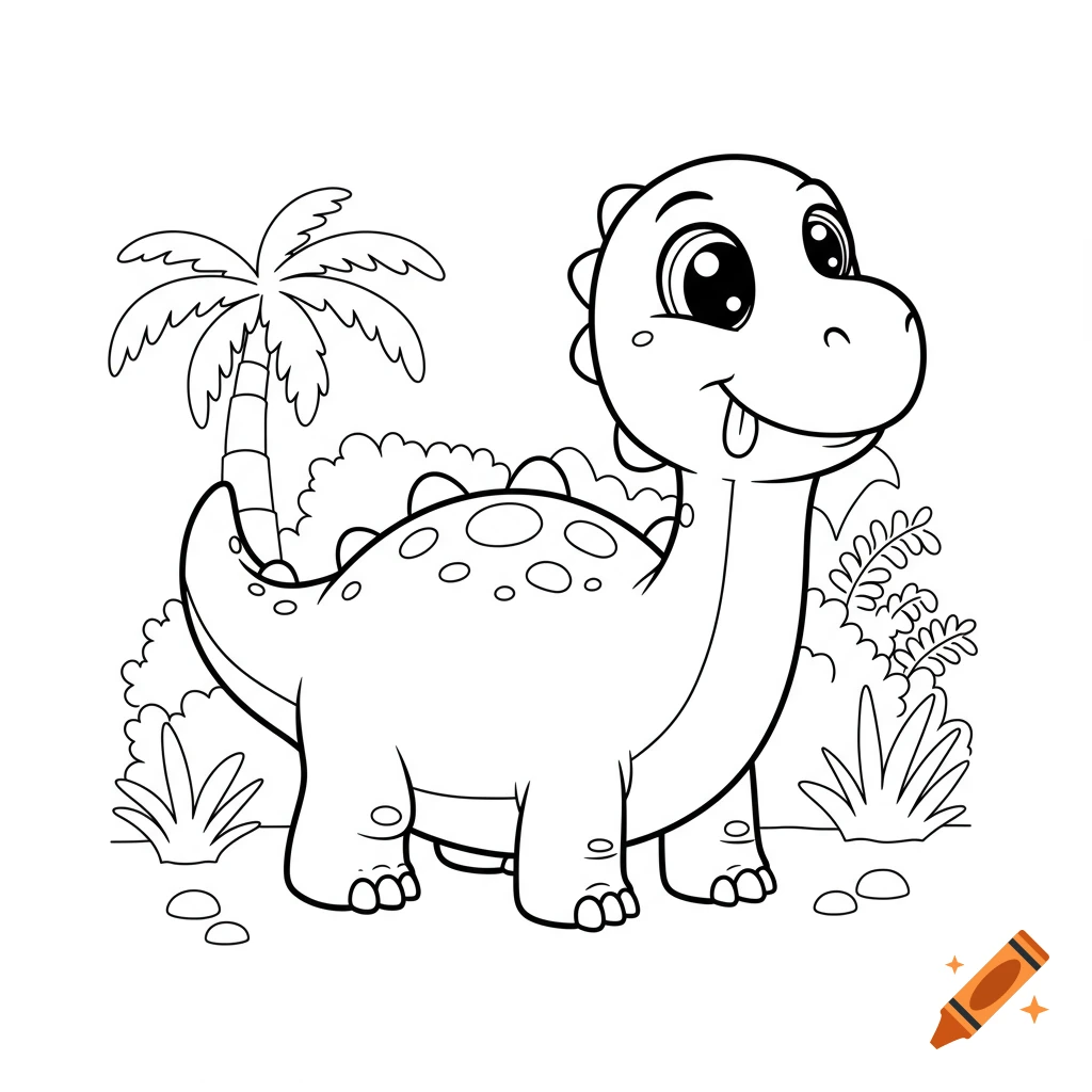 Black and white outline drawing of a cute cartoon dinosaur standing by a palm tree and bushes