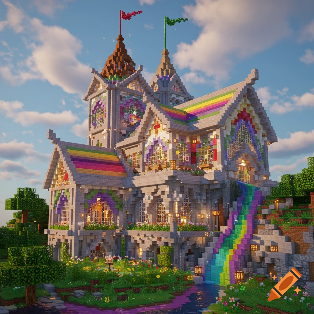 A vibrant rainbow fantasy building made of blocks in the style of Minecraft.