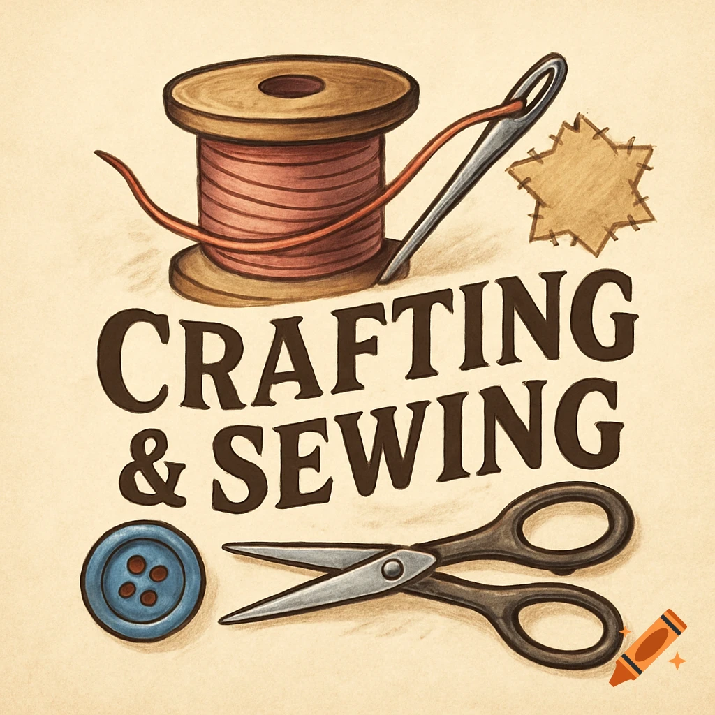 A logo featuring a spool of thread, needle, scissors, button, and text that reads CRAFTING & SEWING.