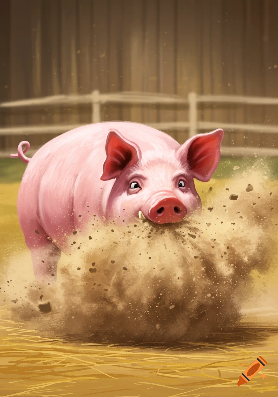 A pink pig is digging in the dirt, kicking up a dust cloud.