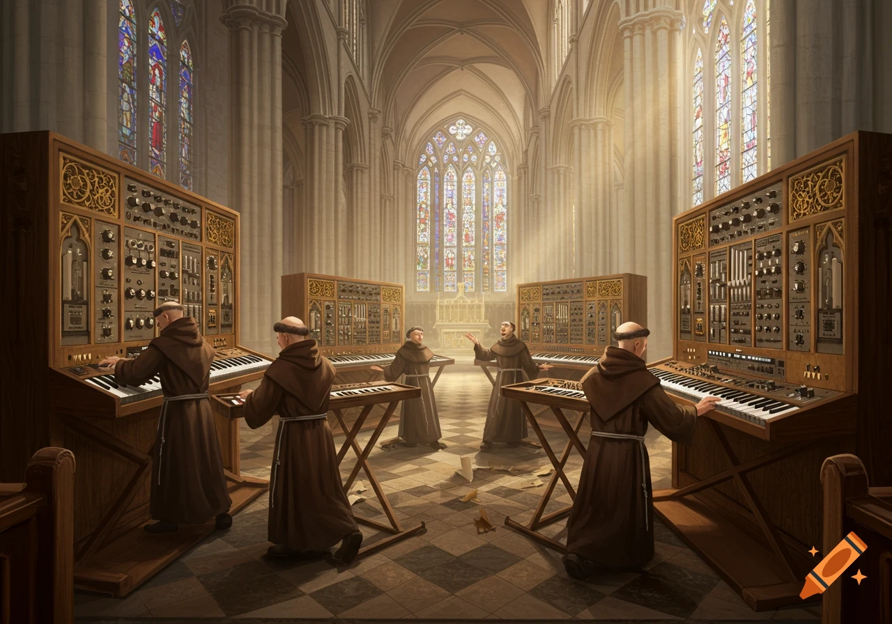 Medieval monks play elaborate synthesizers inside a gothic cathedral with stained glass windows.