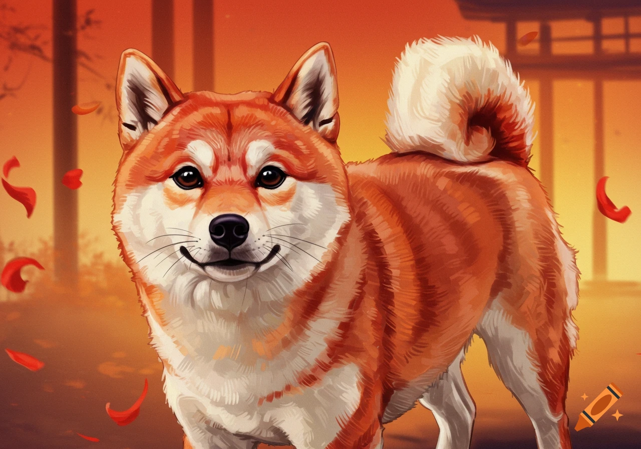 An illustration of a Shiba Inu dog smiling with red petals and a Japanese background.