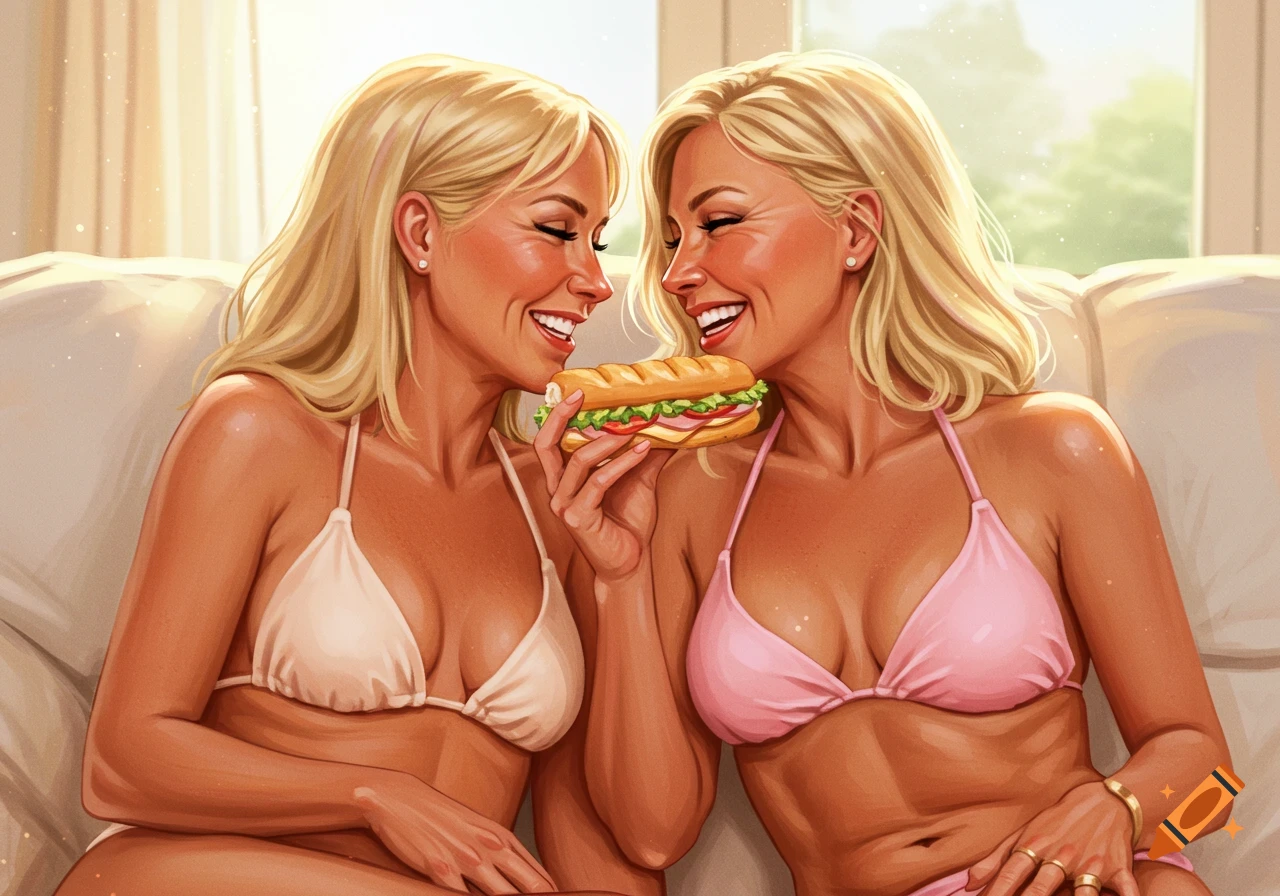 Two blonde women in bikinis are smiling and sharing a sandwich on a couch.
