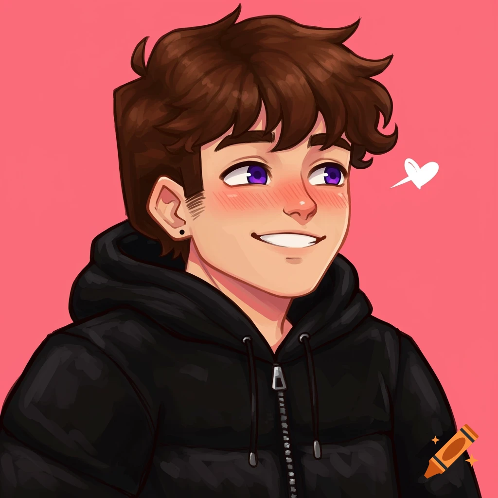 Anime style of Minecraft Steve in black puffer hoodie smiling and blushing, one eye closed, looking left. Anime style pfp. Fluffy brown hair emphasized in anime character drawing. Anime profile picture of Steve Minecraft character is used for social media accounts. Black puffer hoodie is featured. Minecraft Steve anime drawing has become a popular profile picture for online platforms. The artwork showcases the character's fluffy brown hair, smiling face, and blushing cheeks, emphasizing a cute a...
