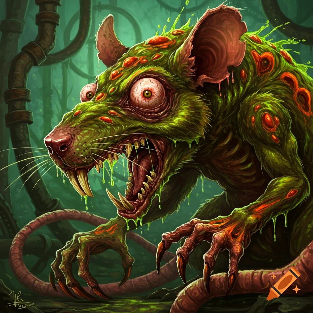 A grotesque green monstrous rat with red boils, multiple eyes, dripping goo, sharp teeth, and claws.