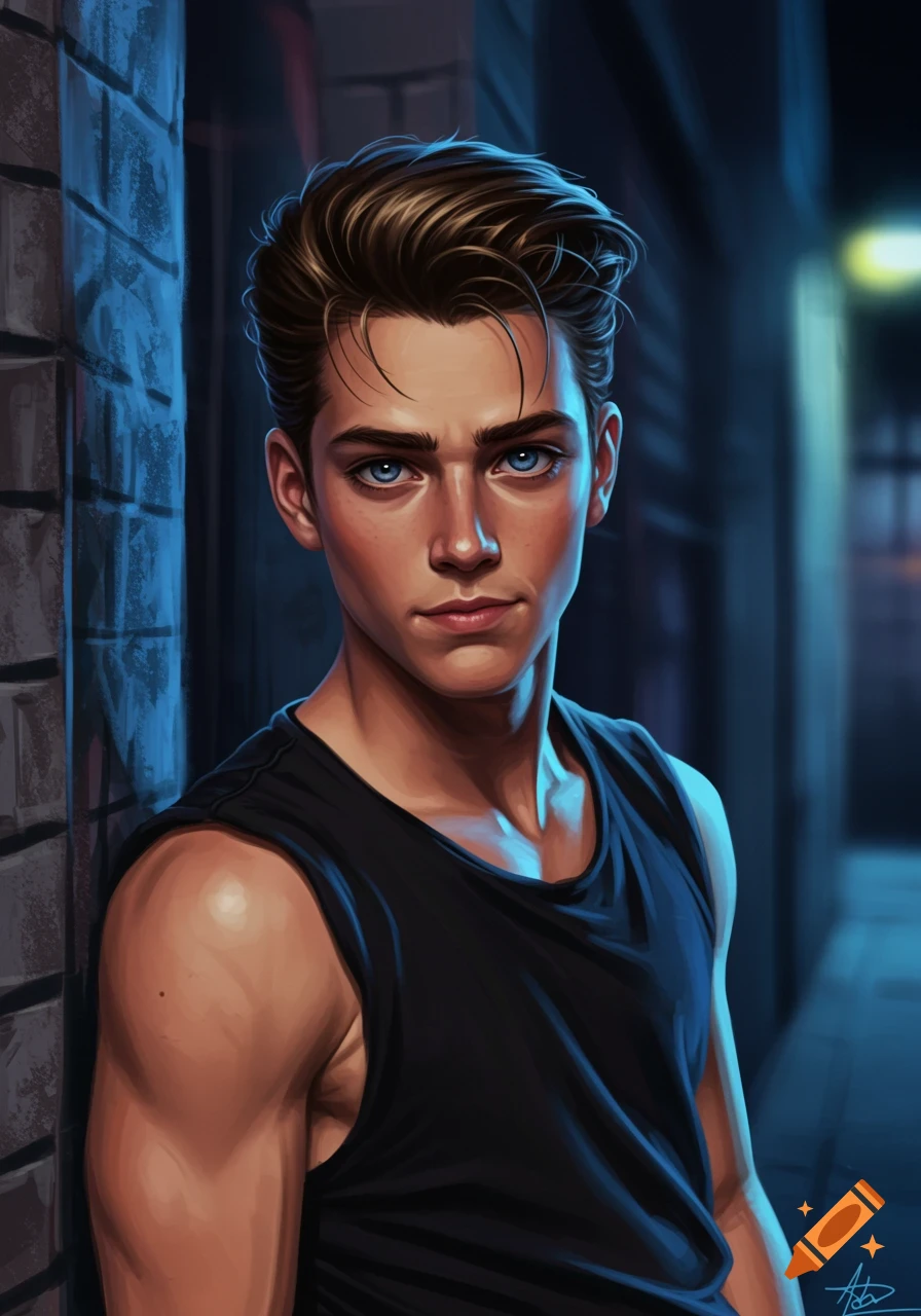 A young man with dark hair and blue eyes is standing in a black tank top in a blue-lit urban alley.