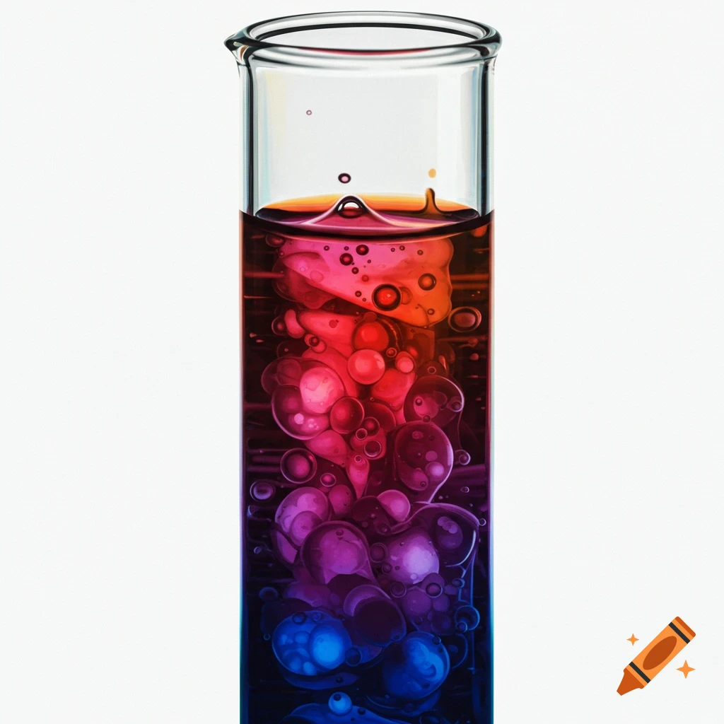 A test tube filled with layered red, purple, and blue liquid and bubbles.