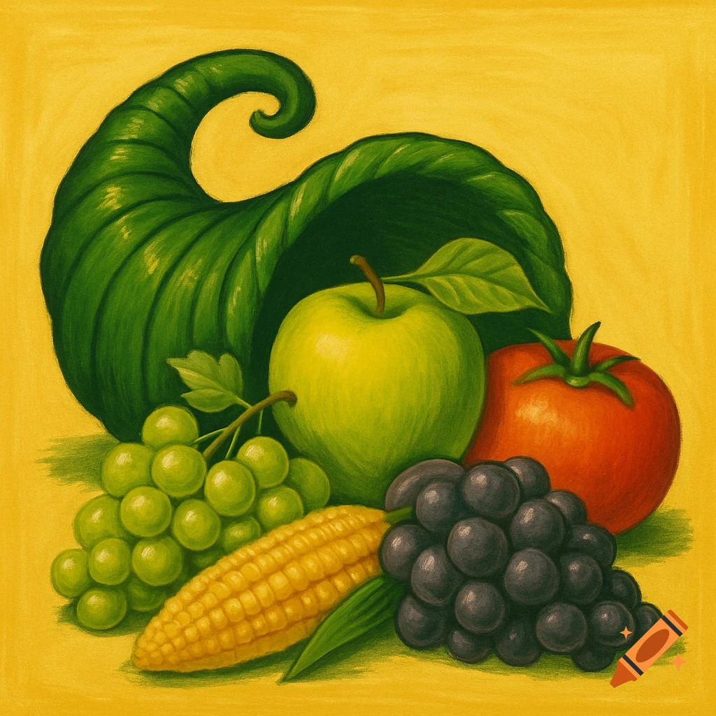 A green cornucopia overflowing with grapes, apple, tomato, and corn on a yellow background.