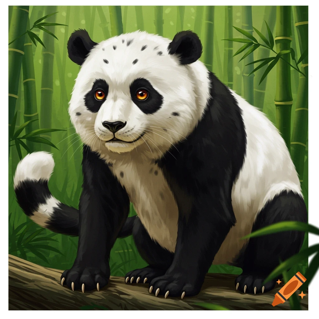 A panda-cheetah hybrid creature with orange eyes sits on a log in a bamboo forest.