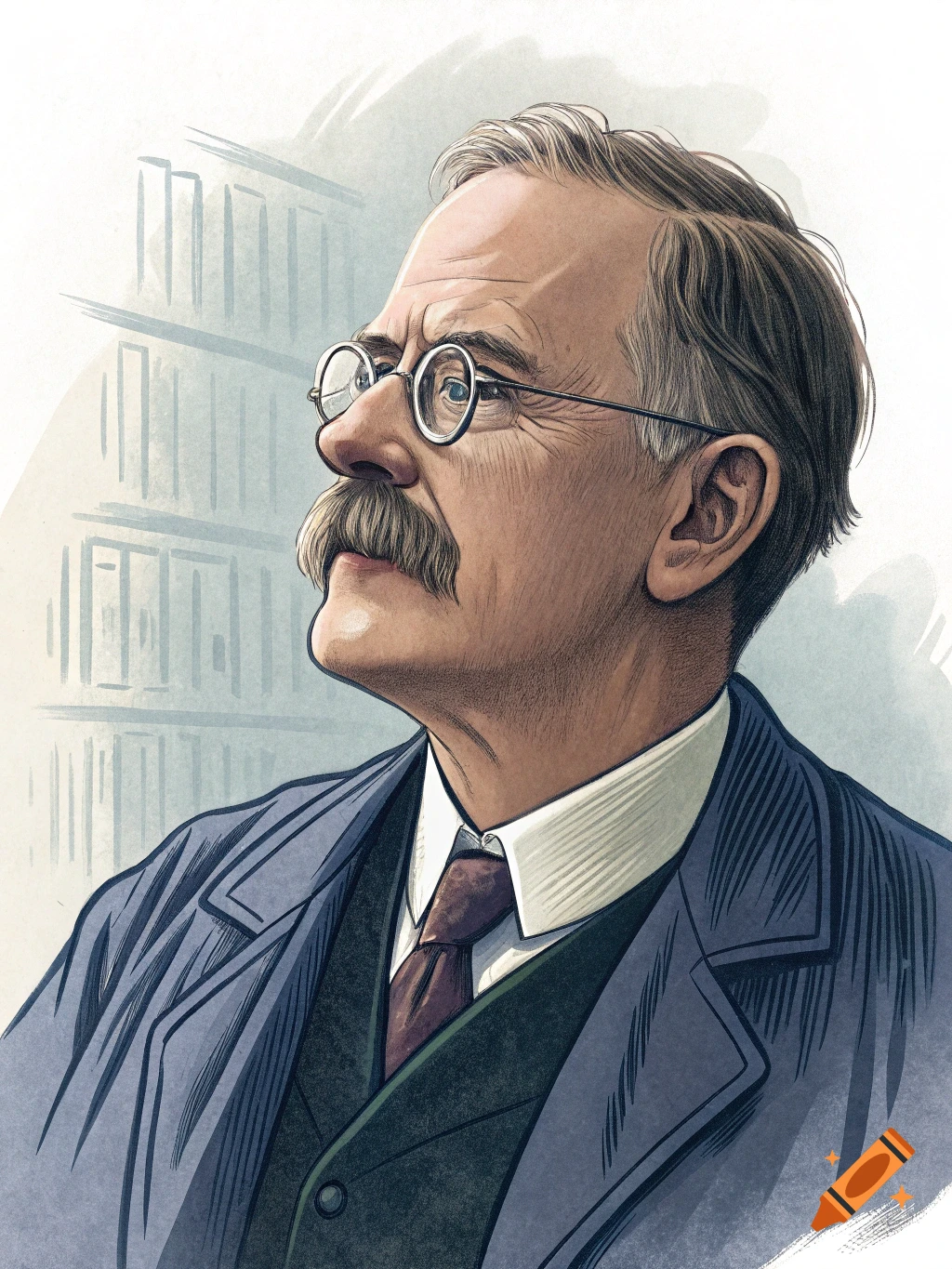 Illustration of a mustachioed man in glasses and suit looking up.