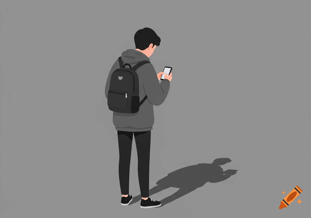 Illustration of a person with a backpack seen from behind, looking at their phone.