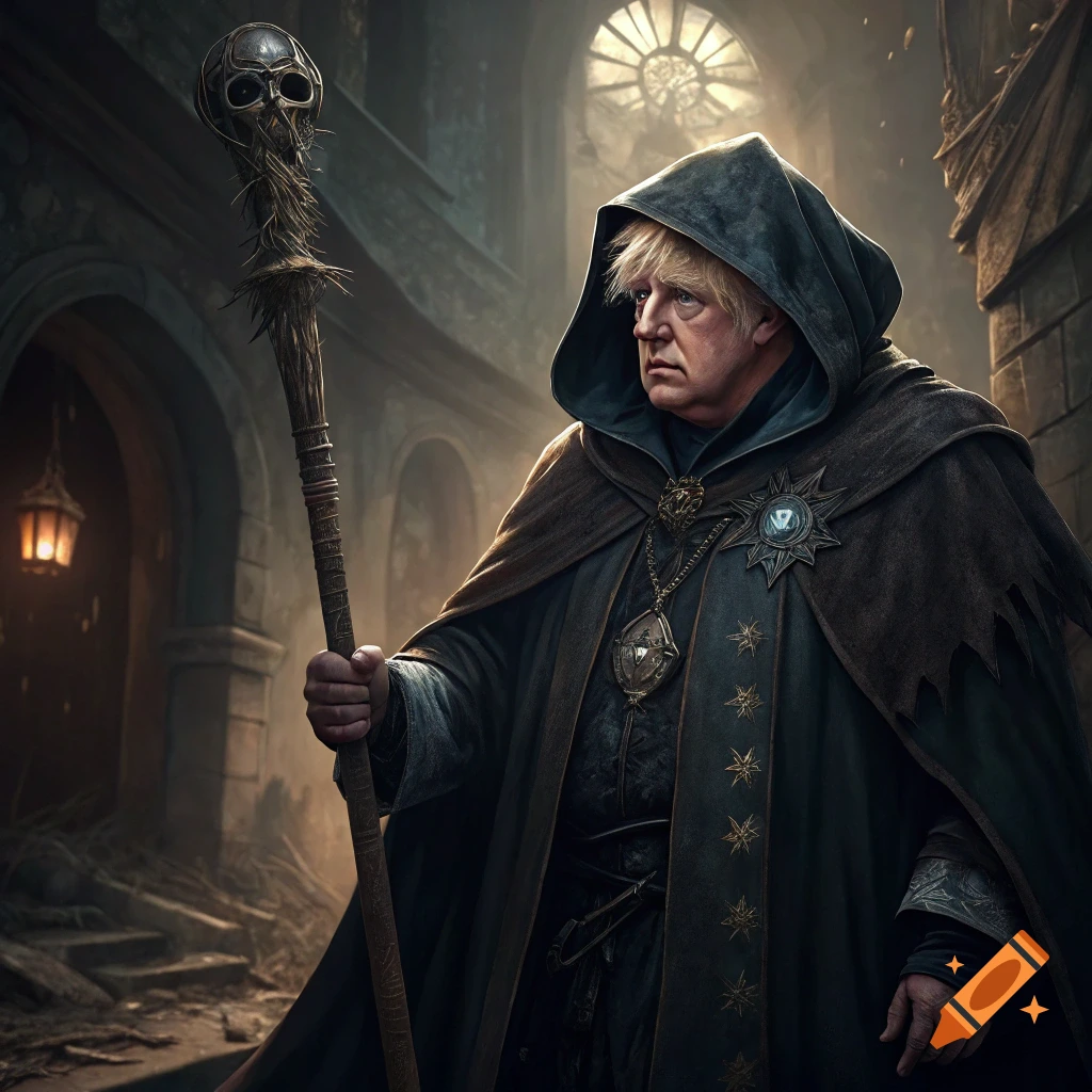 Boris Johnson as a fantasy inquisitor in dark robes holding a skull-topped staff in a gothic setting.