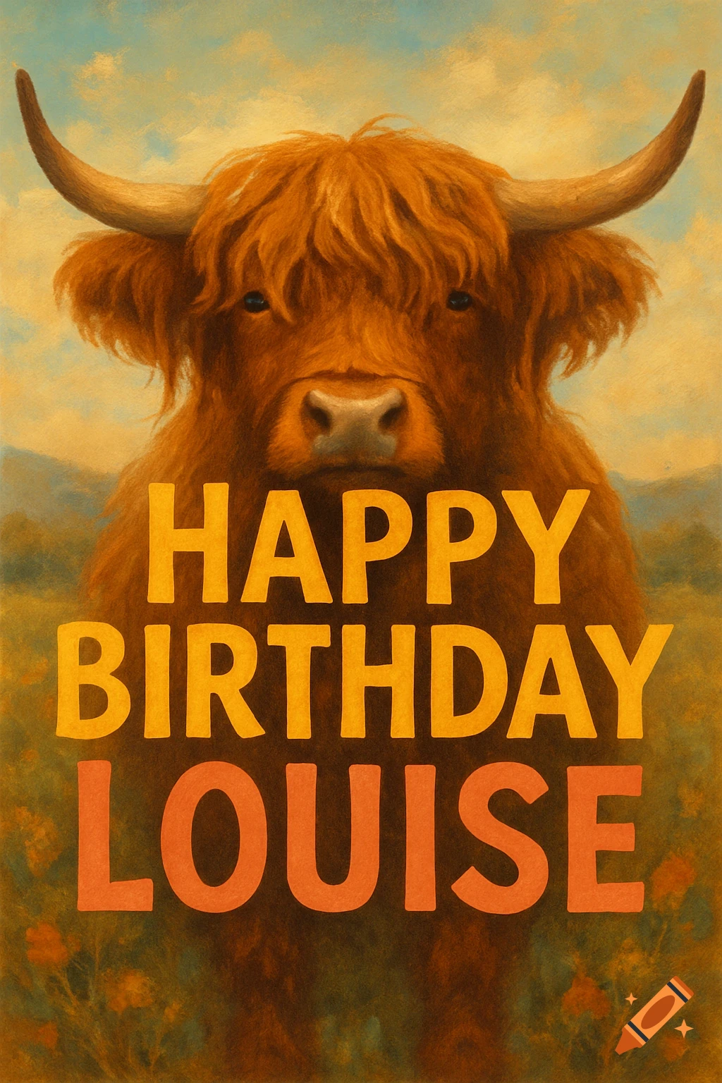 A Highland Cow with the text "Happy Birthday Louise".