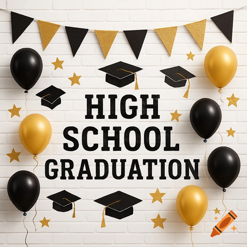 Graduation backdrop with black and gold balloons, banners, and text saying 'HIGH SCHOOL GRADUATION'.