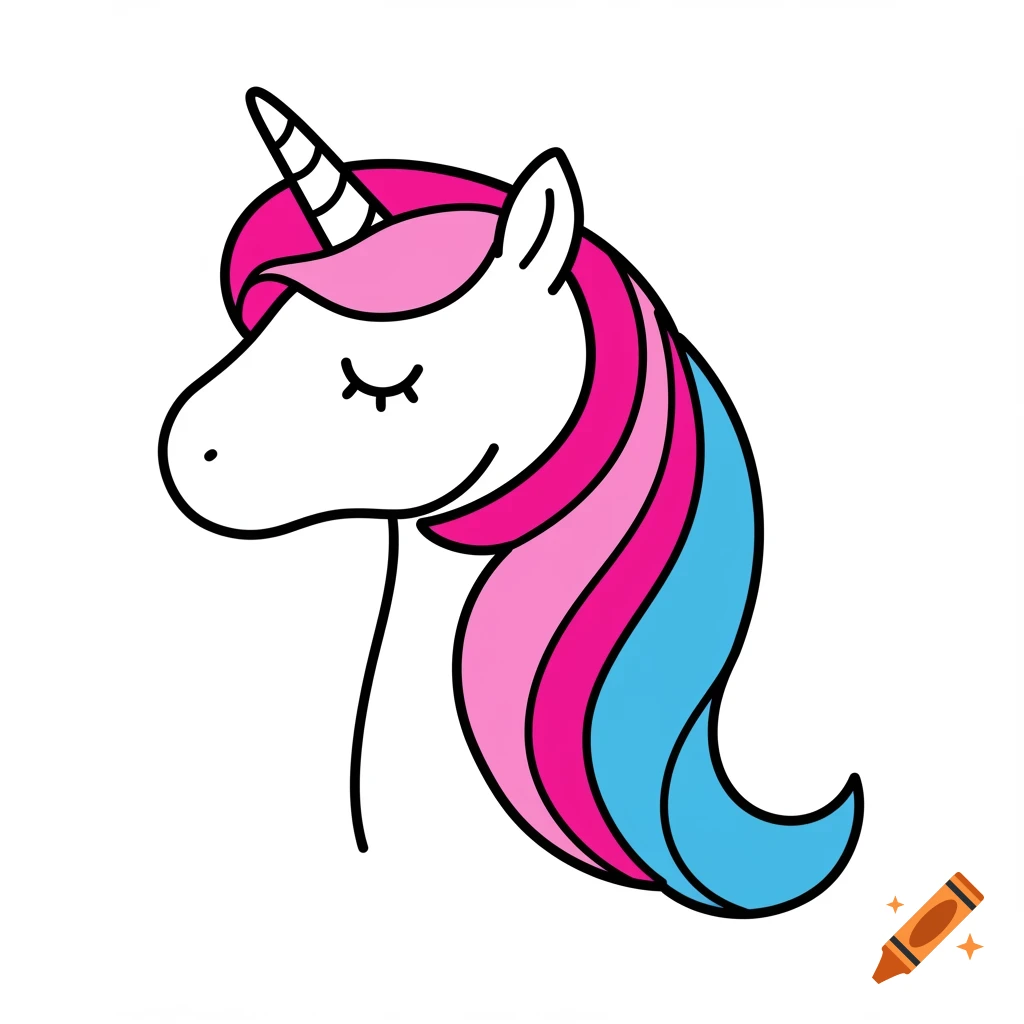 Cartoon illustration of a unicorn head with closed eyes, pink and blue mane, and thick black outlines against a white background.