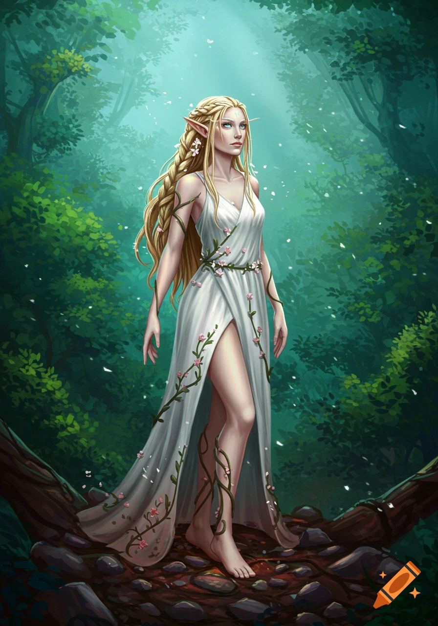 A blonde female elf in a white dress is standing on a log in a forest.