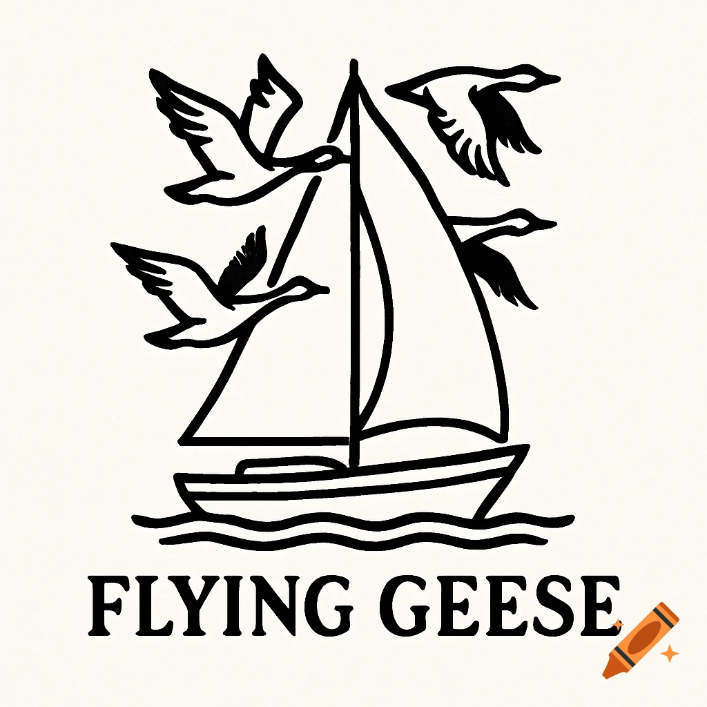 Black and white line art logo with a sailboat and three flying geese, featuring the text "FLYING GEESE".