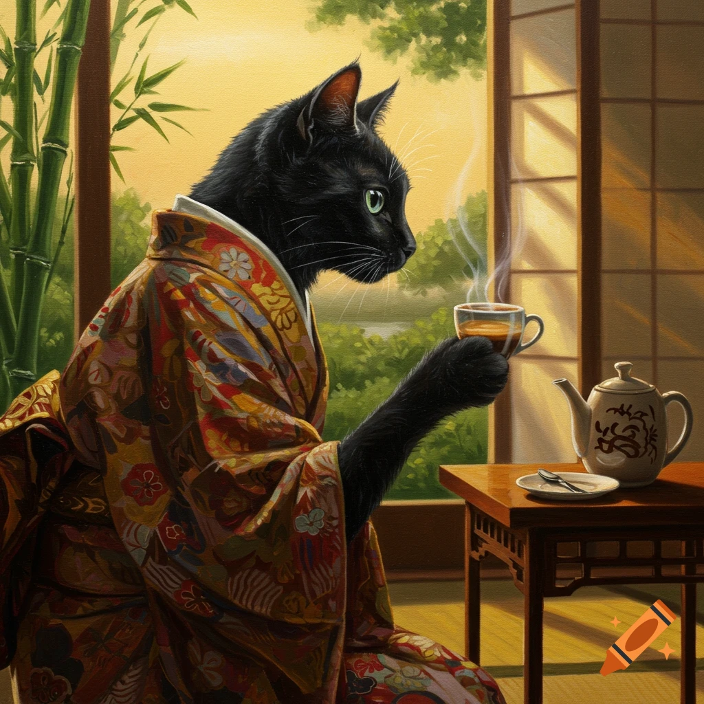 A black cat wearing a colorful kimono sits by a window, holding a teacup. An oil painting.
