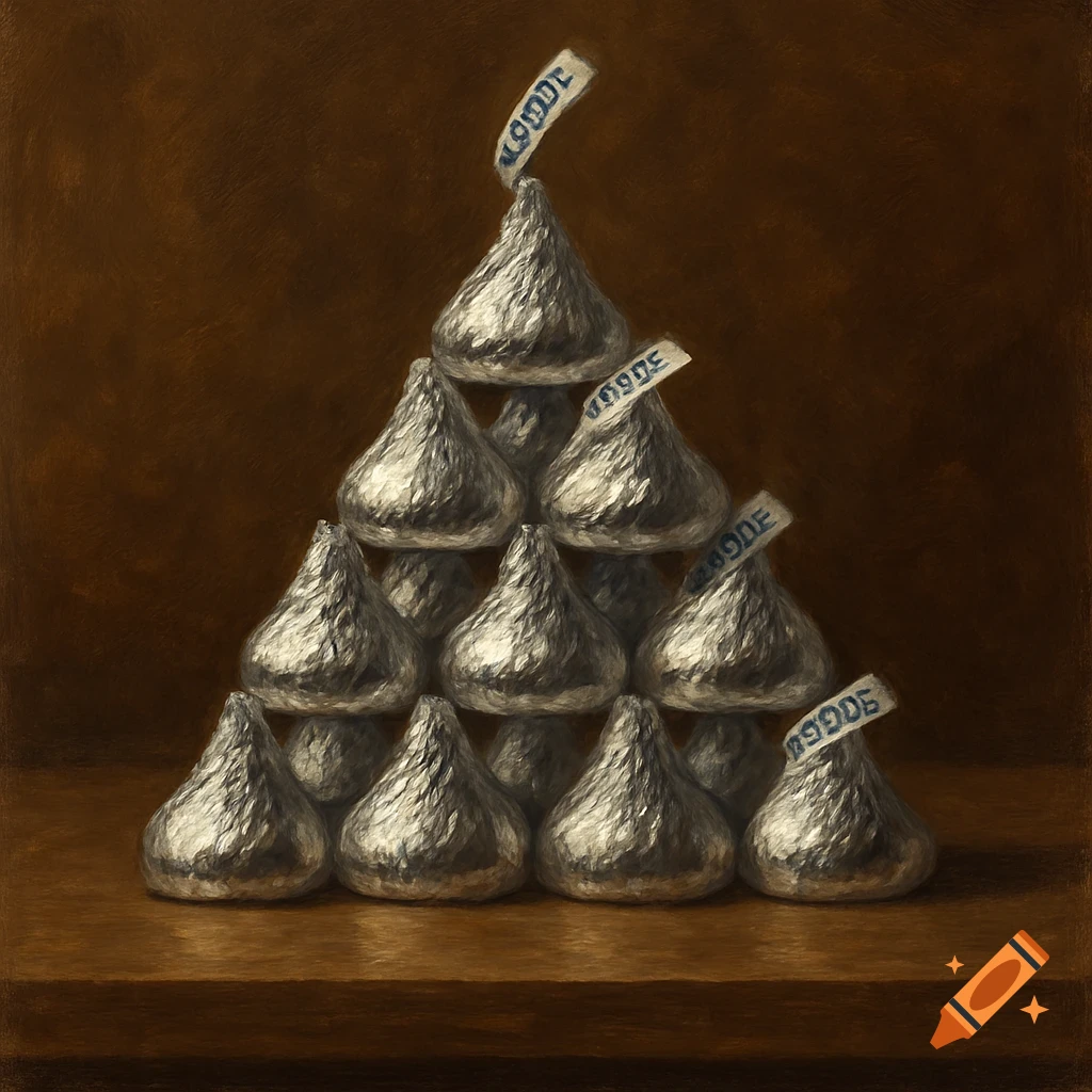A pyramid of silver-wrapped chocolate candies with flags on a shelf.