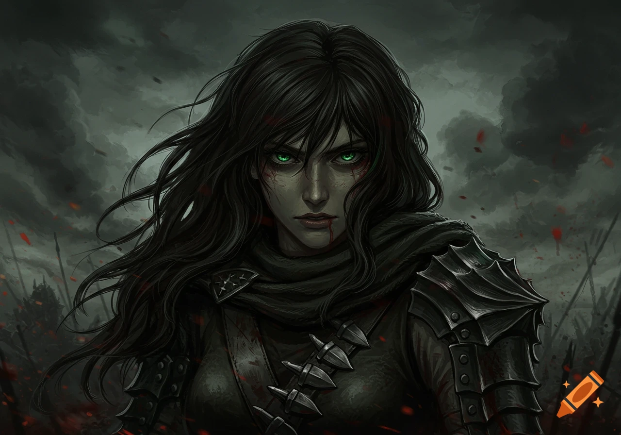 A stern female fantasy warrior with blood on her face and armor in a dark battlefield setting.