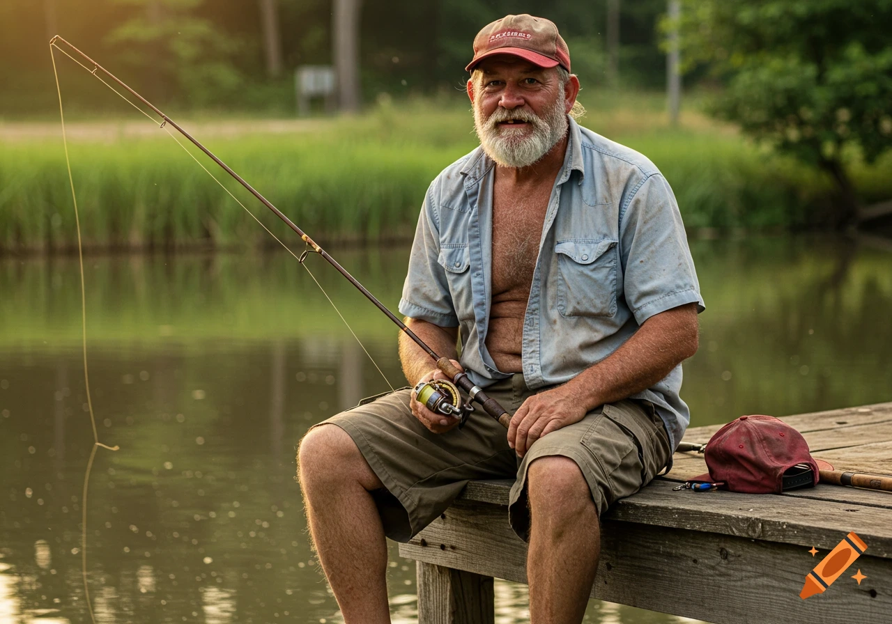 A man in an open shirt and baseball cap fishes from a wooden dock.