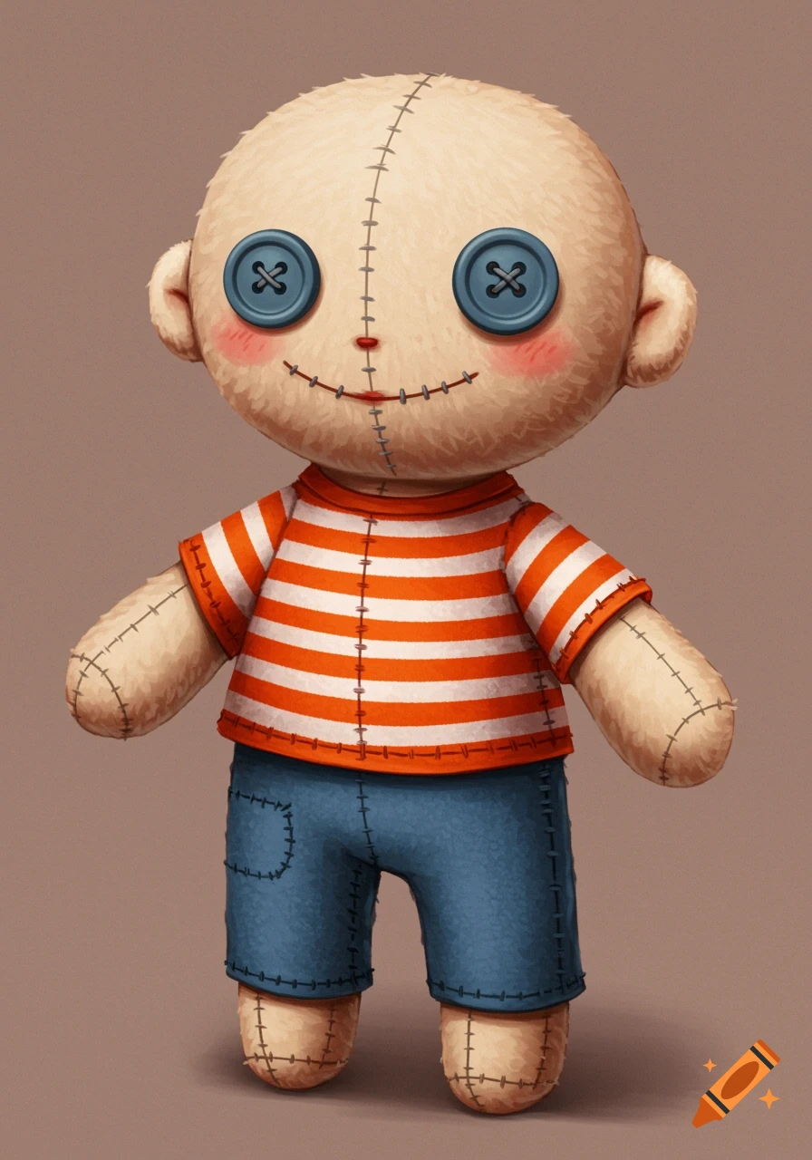 Illustration of a plush doll wearing an orange striped shirt and blue shorts.