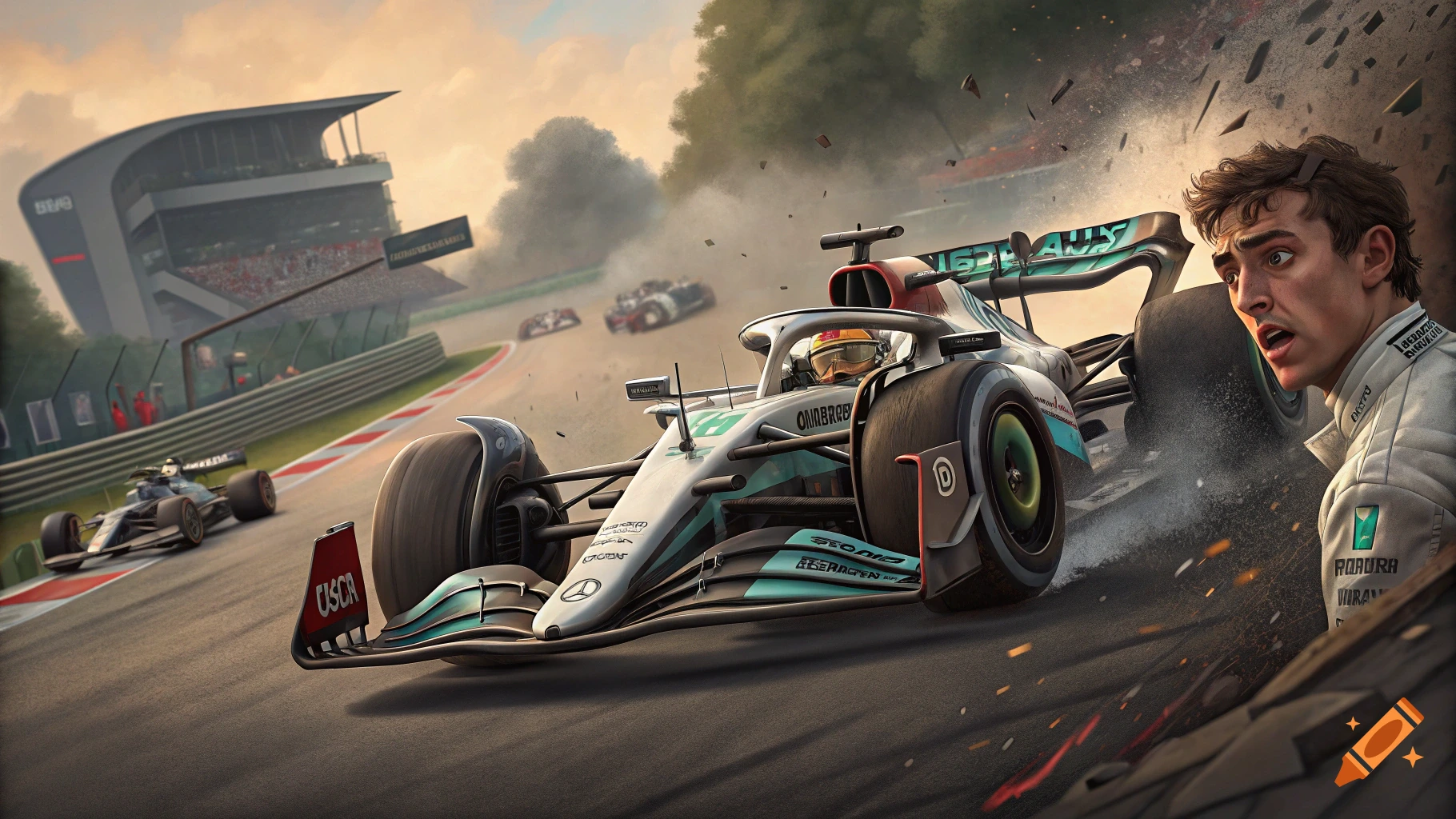 A Formula 1 race car crashes on a track, kicking up debris, with other cars and a grandstand in the background.