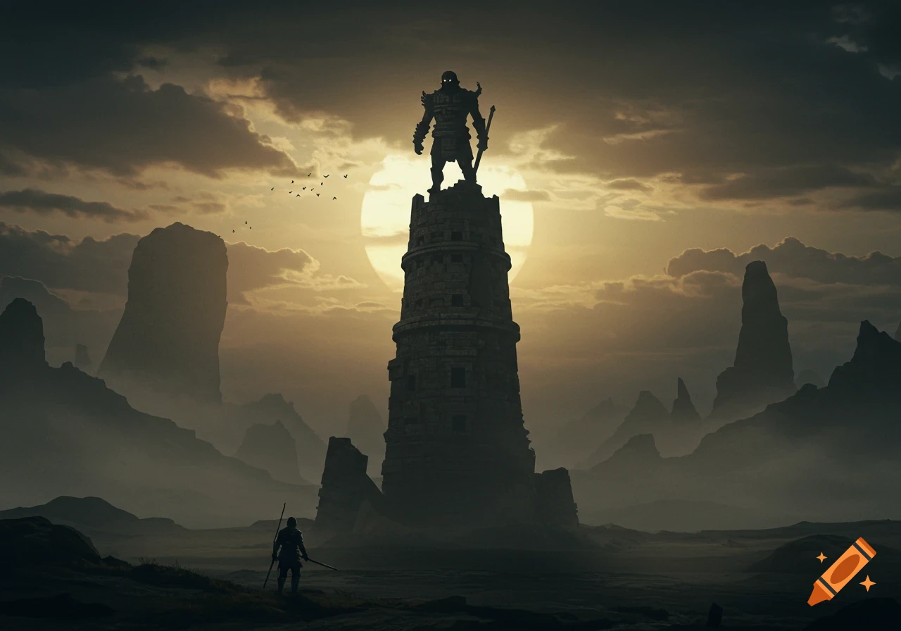 Shadowy figure stands atop a tall tower in a vast, rocky landscape at sunset.