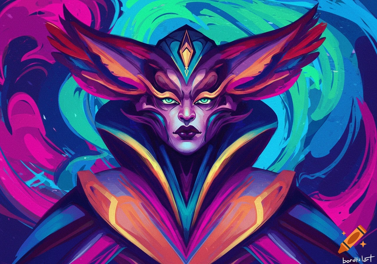 Portrait of a fantasy character with glowing green eyes and vibrant headdress against abstract background.