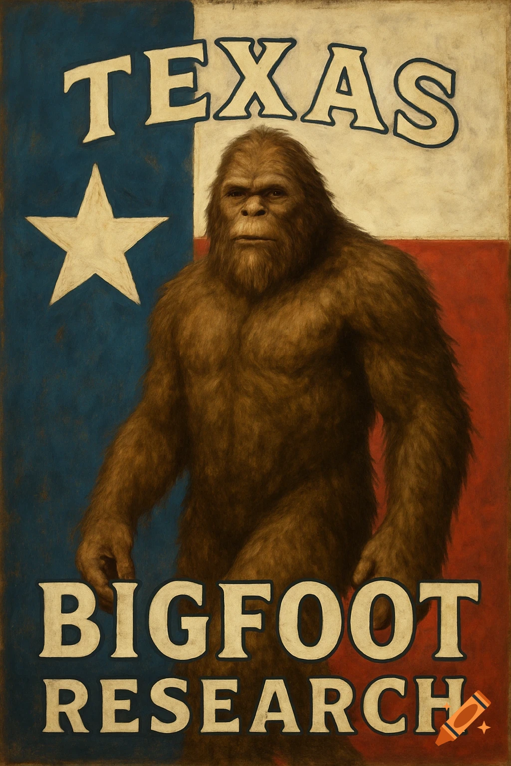 Vintage poster of a Bigfoot in front of the Texas flag with text 'TEXAS BIGFOOT RESEARCH'.