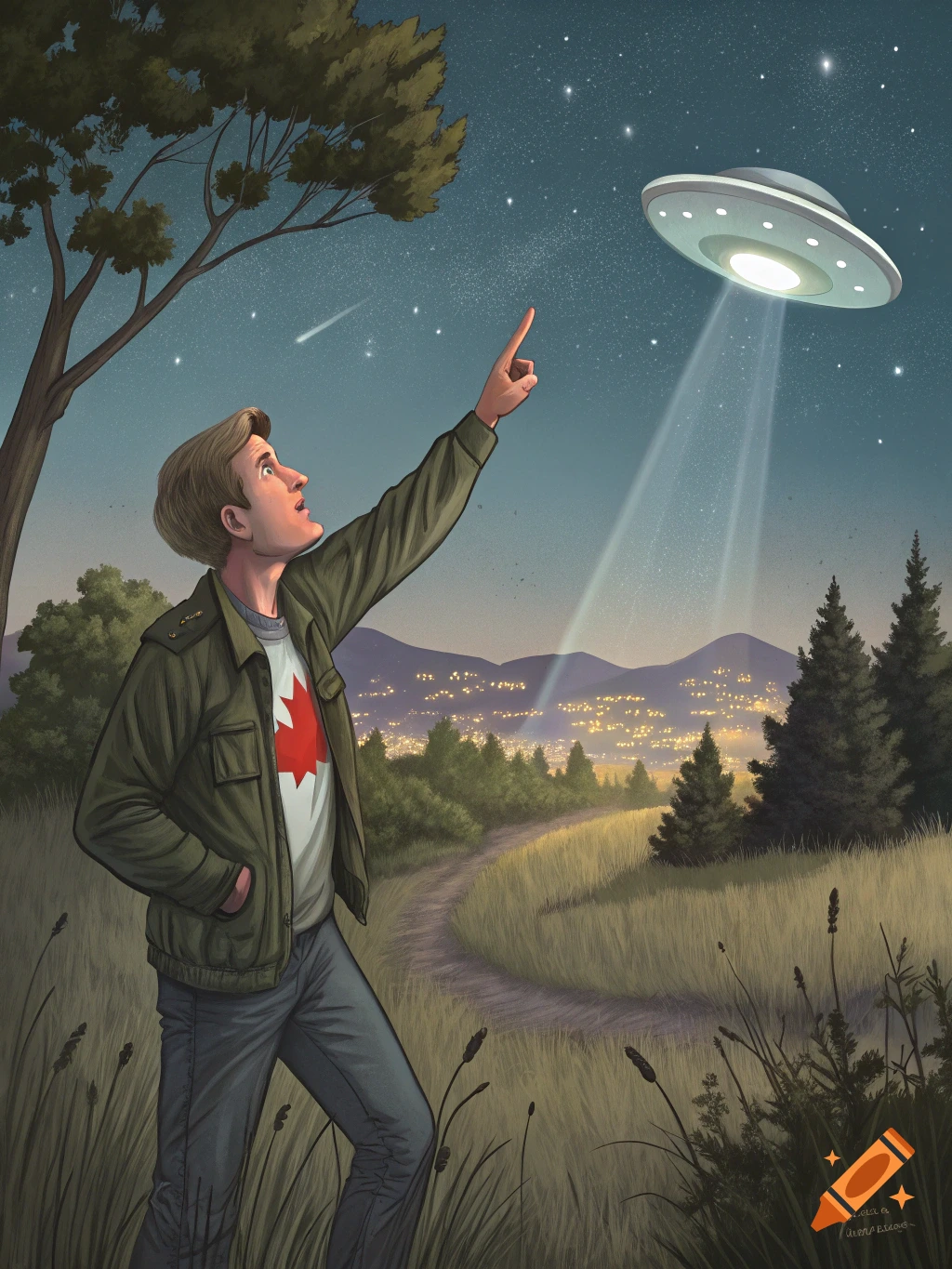 A person wearing a jacket with a Canadian flag shirt points at a glowing UFO in the night sky over a landscape.
