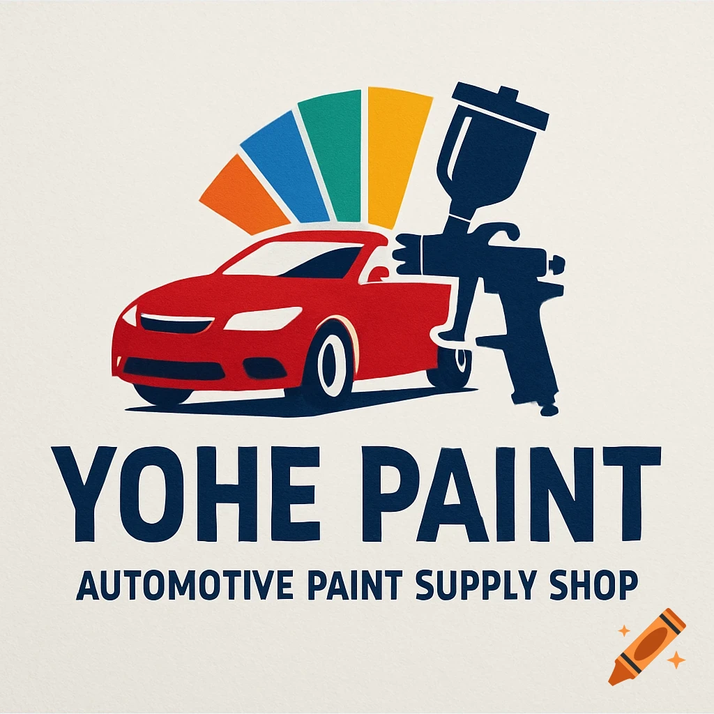 Logo for Yohe Paint automotive supply shop with a red car, spray gun, and color palette.
