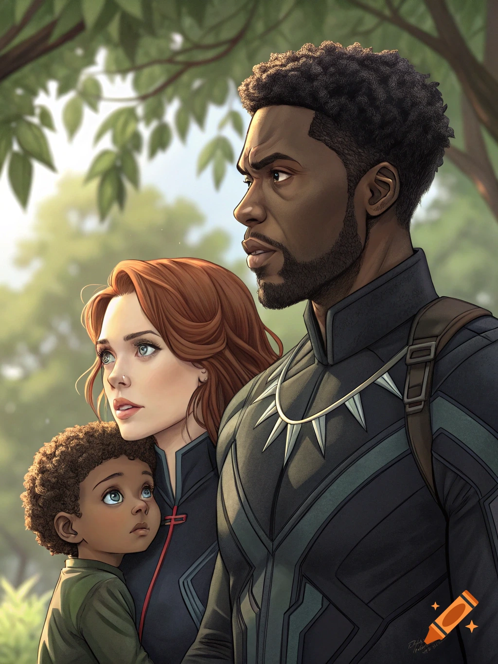 Illustrative portrait of a man resembling Black Panther, a woman resembling Black Widow, and a child standing together.