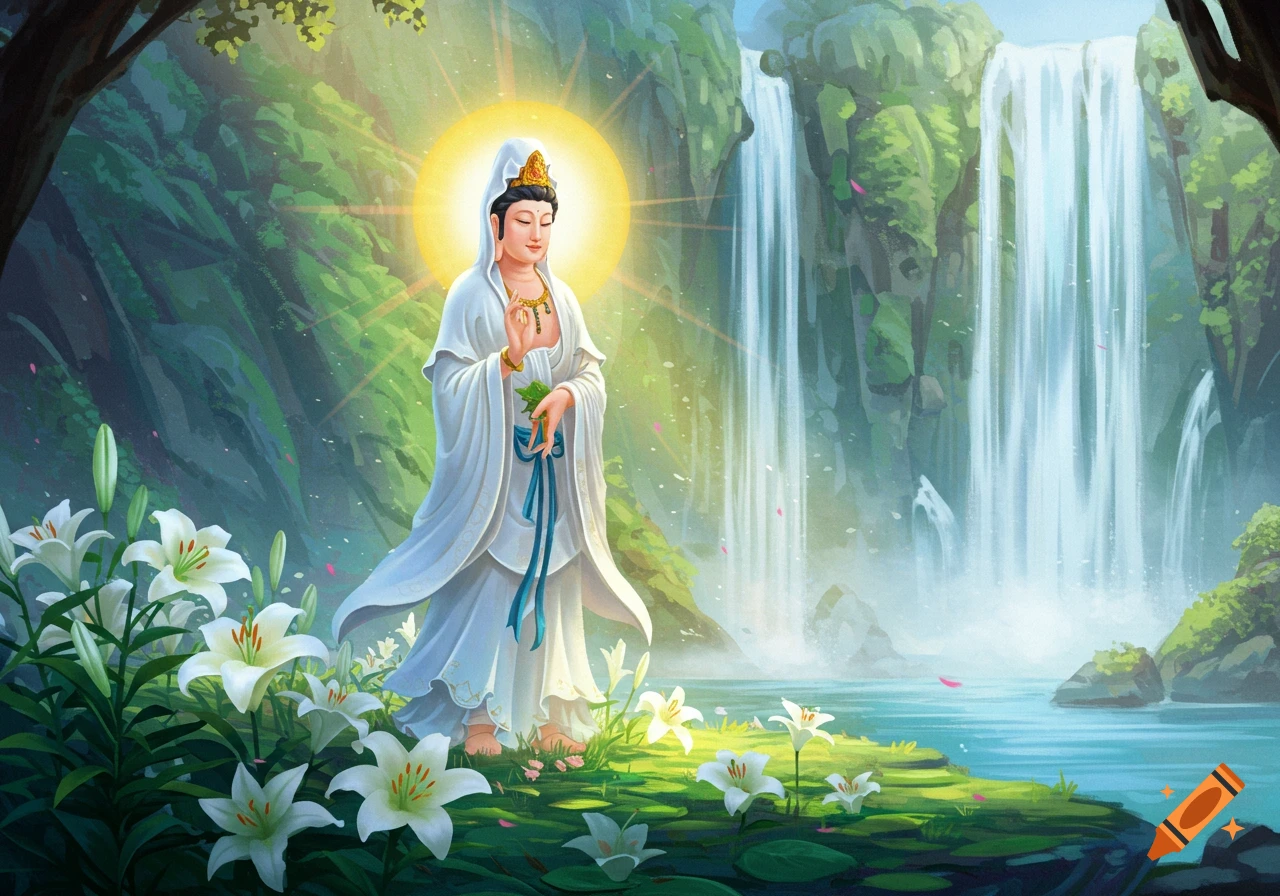 Guan Yin stands by a waterfall surrounded by lilies, illustration style
