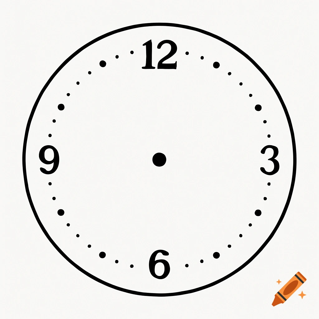 A blank clock face template with the numbers 12, 3, 6, and 9 and dots marking the other hours.